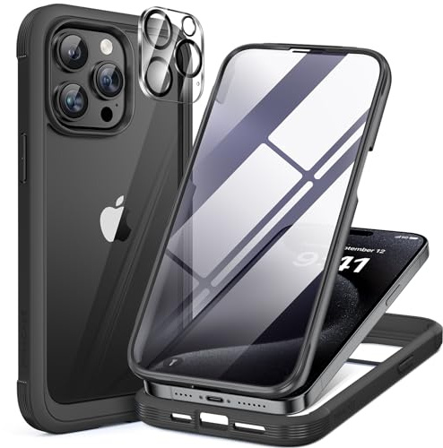 Miracase Glass for iPhone 15 Pro Case, Full Body Protection, Black | [Built-in 9H Tempered Glass Screen Protector + Camera Lens Protector] Military Grade Drop Proof Clear Back Case Cover 6.1