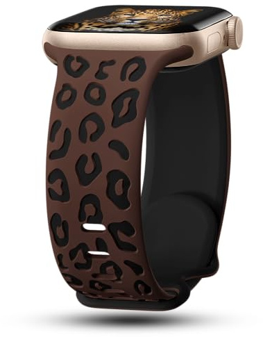 CreateGreat Bracelet en silicone bicolore gravé léopard compatible avec Apple Watch 41 mm, 40 mm, 38 mm, 45 mm, 44 mm, 42 mm, iWatch Series SE 8 7 6 5 4 3