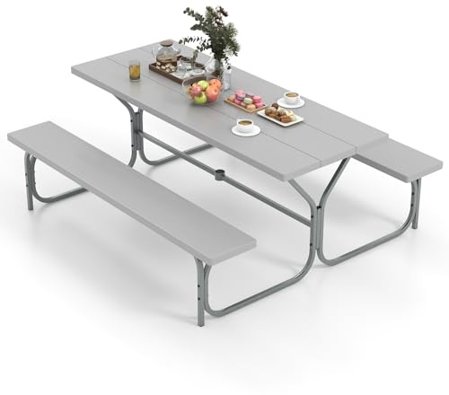 GOPLUS Picknicktisch Set, Campingtisch Biertisch für 6-8 Personen, Biertischgarnitur Outdoor inkl. 2 Bänke & 183cm lang Gartentisch mit 47mm Schirmloch, Bierzeltgarnitur für Picknick Party (Grau)