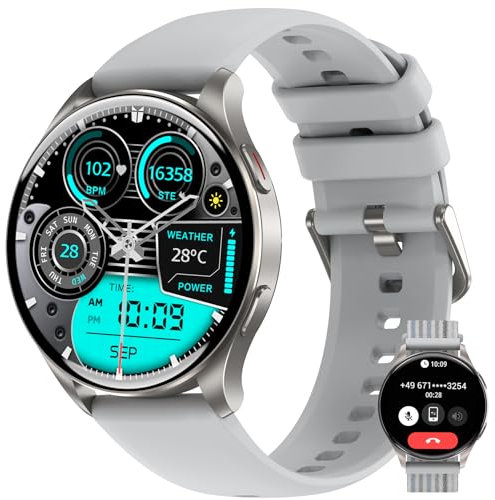 IOWODO Smartwatch Damen Herren 2025 | 1.43 AMOLED Always-On Display | Bluetooth-Anrufe | IP68 Wasserdicht Fitnessuhr mit 100+ Sportmodi | 24/7 Pulsmessung+SpO2+Schlaf | 7 Tage Akku+Schnellladung