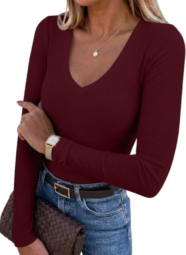 Chicrise Langarmshirt Damen V Ausschnitt Pullover Langarm Basic Eng Ribbed | V-Ausschnitt,Ribbed,Elegant,Langarm,Basic,Oberteile,Slim Fit,Einfarbig,longsleeve,Strick,Herbst,Winter,Casual,Schicker