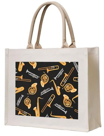 YWSOTRE Saxophon Posaune Musik Schwarz, Tragetasche Canvas-Tasche Einkaufshandtasche Einkaufstüten, Mehrzweck-Schultertaschen