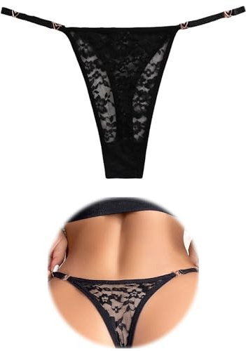 FULLJOYLOVE Lace Thongs for Women Plus Size Naughty Tangas Knickers with Heart-Shaped Decorations Ladies Lace Underwear Sexy Stretchy Cheeky Hollow Panties Briefs Black M