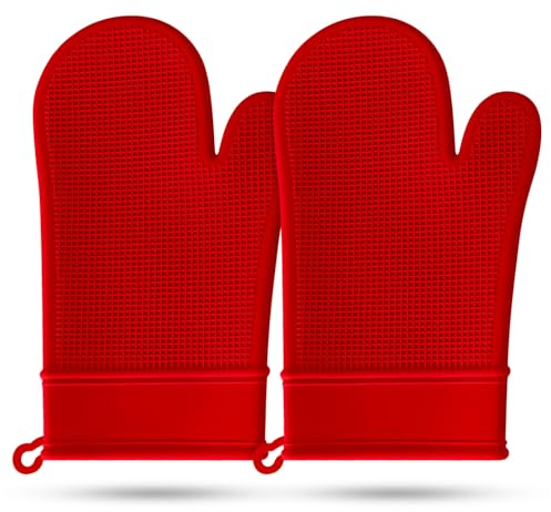 Guanti da forno in silicone resistente al calore per 550 gradi, impermeabili e antiscivolo, set di 2 guanti da forno per cottura, barbecue, microonde, lavabili in lavatrice, lunghezza 29,5 cm (rosso)