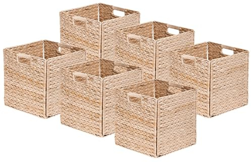 Box and beyond – Juego de 6 cestas de almacenamiento – 31 x 31 x 31 cm – Jacinto de agua natural – Plegables – con asas – Almacenamiento, decoración – dormitorio, sala de estar, oficina – Estilo