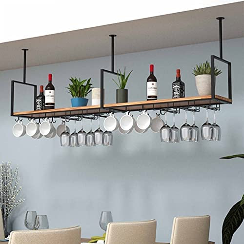 Portabicchieri da vino sospeso, Portabottiglie sospeso - Portabicchiere da vino a soffitto, Espositore/Mensola a muro in legno massello montato a parete, Portabicchiere in ferro battuto fai-da-te/Port