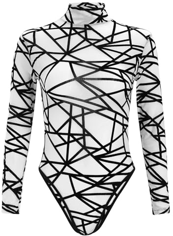 FYMNSI Body transparent à manches longues pour femme - Col roulé - Body en maille transparente à manches longues, Blanc., XS