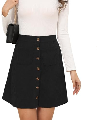 Bbkkuck Faldas de pana con botones para mujer, cintura alta, plisadas, acampanadas, con bolsillos, 1-negro, M
