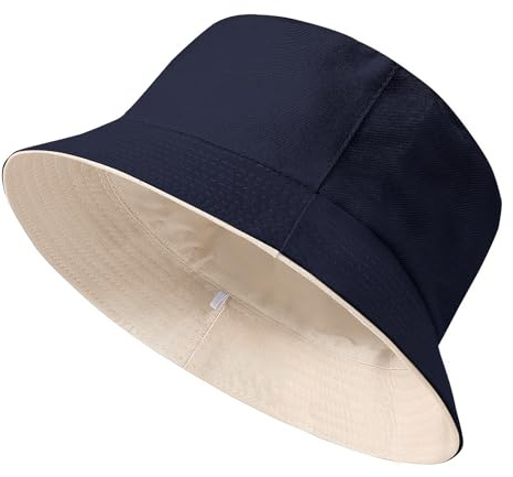 Xnova Cappello Pescatore da Sole Unisex Reversibile Bucket Hat da Pesca Portatile e Pieghevole Cotone UV Protezione Cappellino a Secchiello EstivoDonna Uomo (Blu-Beige, M:60-62cm)
