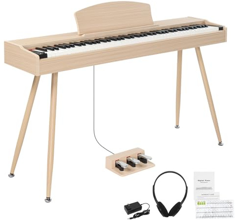 Bonnlo Digitalpiano mit 88 gewichteten Tasten, E-Piano mit 3-Pedal-Einheit für Anfänger, Klavier mit Ständer, 2 Bluetooth-Systeme, Naturholz
