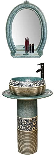 WOTZOV Lavabo sur Pied Traditionnel, lavabo de Salle de Bain sur Pied Artistique, lavabo sur Pied Rond, Meuble-lavabo sur Pied pour Salle de Bain pour intérieur et extérieu,Ensemble Complet Bleu