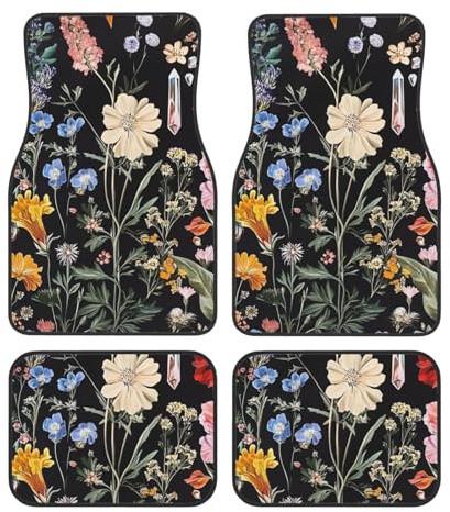 Set mit 4 Autofußmatten, Vorder- und Rücksitz-Premium-Teppiche, Universal-Autoteppiche mit Frühlingsblumen-Motiv, Autozubehör für Limousinen, SUVs, LKW, Vans