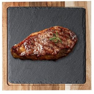 Inscrip Plato de pizarra para servir carne y barbacoa, tabla de queso de madera de acacia y piedra natural, plato de carne para entrantes, plato de salmón, platos llanos occidentales (cuadrado)