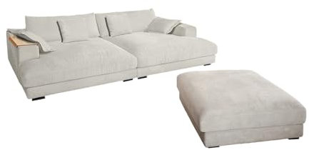 KAWOLA Big Sofa Madeline Cord cremeweiß mit Hocker / 4 Zierkissen/Armlehntablett Natur