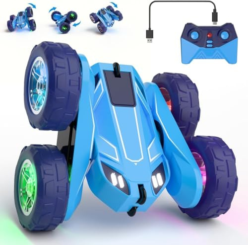 MaxTronic Direktladung RC Ferngesteuertes Auto mit LED, Exklusiv Dual-USB-C-Ladung für Auto & Fernbedienung – 360° Flips, 2.4G 15 km/h 4WD Gummi-Reifen – Vollständig aufladbares Stunt-Auto für Kinder