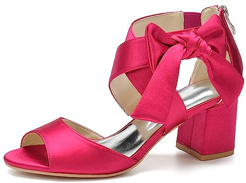 HFWXYSA Women's Bridal Sandals with Bow Tie Peep Toe Satin Wedding Shoes Back Zipper Cross Strap Evening Party Shoes Wedding Pumps,Fuchsia,6 UK