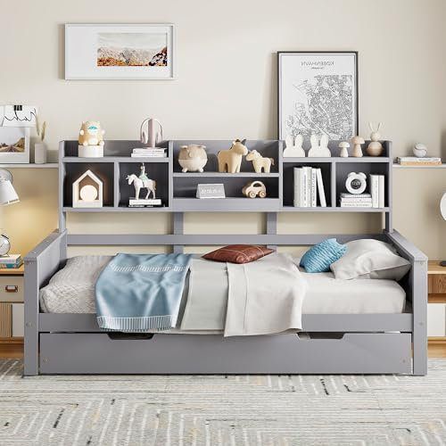 boorbin Ausziehbares Schlafsofa 90 * 200CM Massivholz, Ausziehbett 90 * 190CM, mit Staufach und Lattenrost, Kiefer Multifunktionsbett, Einzelbett (Grau)