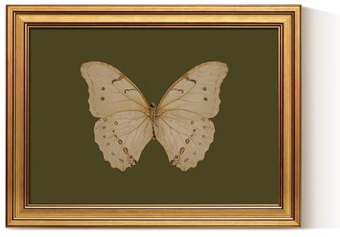 ARPEOTCY Retro Gold Framed Canvas Prints Wall Art, Vintage Bathroom Decor, Classical Moody White Butterfly Green Paintings Aesthetic Farmhouse Wall Decor for Bedroom Living Room Shelf, 30x40cm