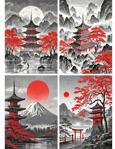 SHEGZHUC Confezione da 4 pezzi di diamond painting per adulti, paesaggio giapponese, 30 x 40 cm, pittura con diamanti, montagna, paesaggio, laghi, mosaico, ricamo a punto croce, arte regalo