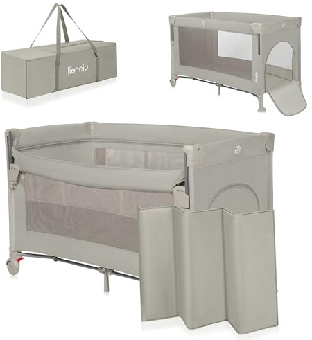 lionelo Ellen Lettino da Viaggio 3 in 1 – Culla Co-Sleeping con Fianco Abbassabile, Box Bambini con Materasso a 2 Livelli, 125 × 65 × 78 cm, Uscita Laterale Zip, Ruote con Freno, Borsa da Trasporto