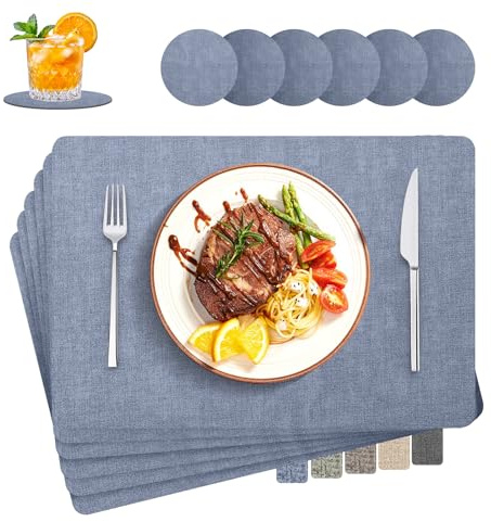 Tischsets Abwaschbar, 6er Set Leinenimitat Lederoptik Platzset und Untersetzer, Hitzebeständig Doppelseitigen, 30x43cm Tischuntersetzer rutschfest für Hause Küche Restaurant und Hotel(Blau)