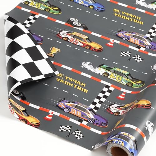 WERNNSAI Geschenkpapier 5 Meter Ren – 1 Rolle Auto Geburtstag Geschenkpapier Junge Kinder Mini Roll Schwarz Weiße Rennauto Kariert Geschenk Verpackung Geburtstagsparty Deko 43cm x 5m