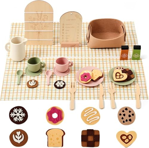 OESSUF Accessoires de cuisine - Jouet en bois pour enfants à partir de 1 an - En bois et silicone - Accessoires de jeu - Vaisselle à thé - Assiette à manger, couteau et fourchette - Support pour