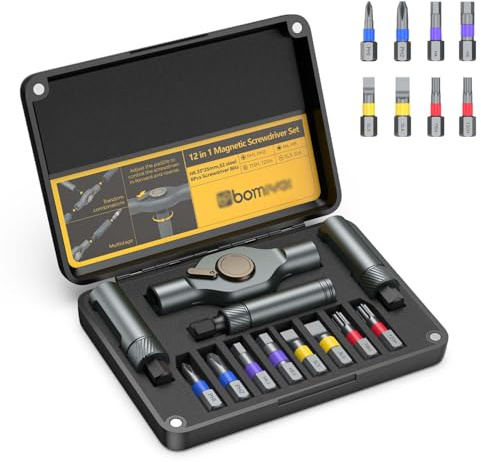 ORIA Juego de Destornilladores de Carraca, 12 EN 1 Juego de Llave Dinamométrica de Carraca con 8 Puntas y 8 Anillos de Colores, Mango de Aluminio Resistente para Ordenadores, Muebles y Bricolaje