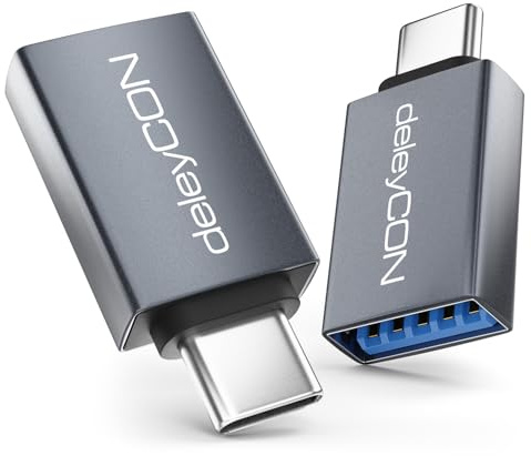 deleyCON USB-C till USB-Adapter 10 Gbps OTG (2 St) - USB-C-Hane till USB-A-Hona - för iPhone 17/16/15 Air Pro Max, Galaxy S25/S24/S23, A56, A16, Surfplatta, MacBook, iMac, iPad, Notebook m.m.