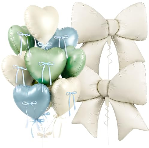 Party Deko Herz Luftballons & Schleifen Set Herzluftballons Schleifenballons Schleife Deko für Babyparty Gender Revael Geburtstag Deko Hochzeit Verlobungsfeier Valentinstag Dekoration (Cremegrün)