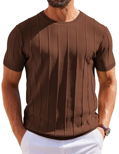 COOFANDY Tee Shirt Homme col Rond T-Shirt Tricoté à Manches Courtes Pull D'été à Rayures T Shirt Décontracté Shirt