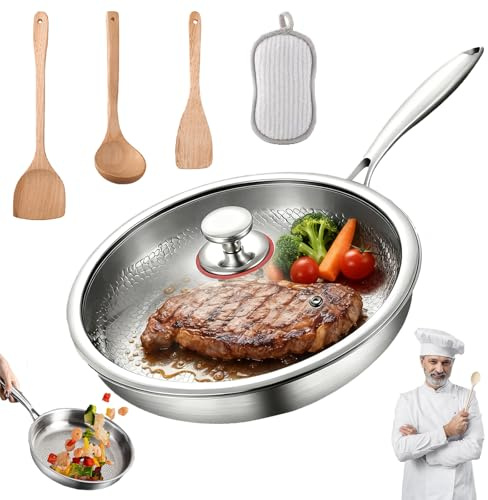 Ruileyou Sarten Titanio Puro, Sarten de Titanio Puro Con Tapa y Espátula, Sartén Titanios Apto Para Todo Tipo de Estufas, Súper Duradero, Resistente A Los Arañazos, Antiadherente (Con tapa, 22cm)