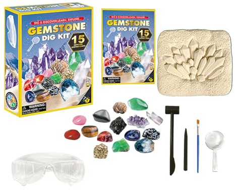 Ausgrabungsset für Edelsteine | Sammlung von Mineralien mit Schutzbrille, Ausgrabungsaktivitäten mit 15 Edelsteinen Entdeckungsspielzeug für Kinder, für Kinder von 8-12 Jahren, Jungen und Mädchen, für