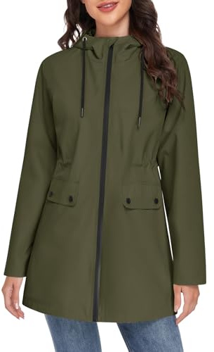 Yuson Girl Women's Coats Lightweight Jackets Elegant Spring Coat Ladies Outdoor Windbreaker Womens Jacket Transition with Drawstring Zipper Hood Casual Parka for Spring Summer Autumn(Army green, XL)