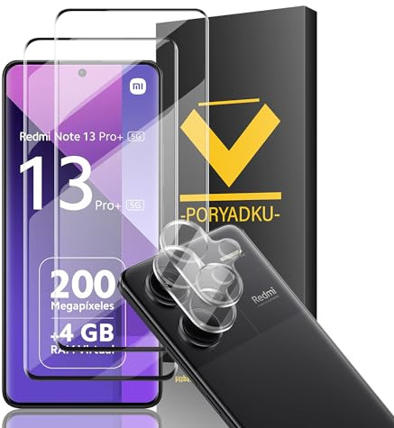 Protector de Pantalla para Xiaomi Redmi Note 13 Pro Plus 5G /13 Pro+ 5G, Película de Vidrio Templado 2 Piezas+ Protector de Lente de Cámara 2 Piezas, 9H Dureza, Antihuellas, HD Clara, Sin Burbujas