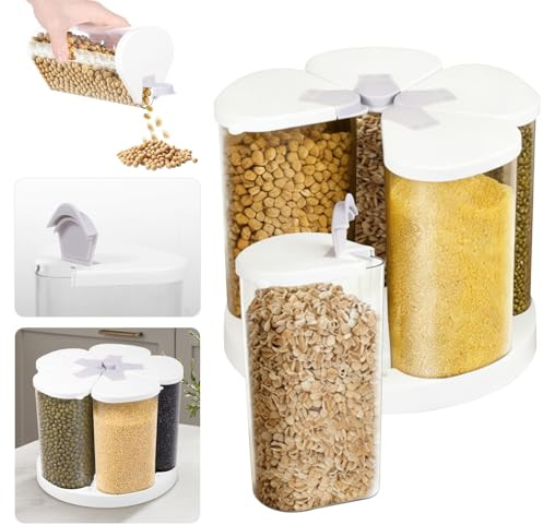YUNYOUC 5 Grid Rotating Food Dispenser, 360° Round Bucket Sealed Grain Container, Transparent Rice Storage Containers, Kitchen Dry Food Fruit Storage Box for Oat Corn Flake Flour(Transparent)