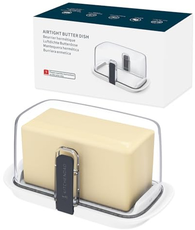 KITCHENDAO Large One-Handed Butter Dish with Lid for 250g and 500g/1lb Butter, Airtight Butter Keeper with Lid Fit a Full Pound Block of Butter，Locking Butter Container for Countertop(White)