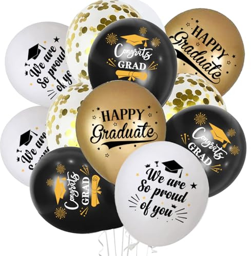 16 Pcs Graduation Balloons, High Float Graduation Decorations, Prom Balloons for Celebrations, Congratulations Balloons in Gold and Black, Set of Sixteen 20 * 15 Balloons