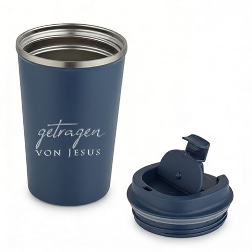 LIEBTASTISCH - Thermobecher mit Spruch getragen von Jesus - Christlicher Glaube - Geschenk für Christen - Edelstahl doppelwandig - 350ml Kaffeebecher - Haleblau