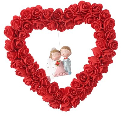 Jiangbered Corona en Forma de Corazón para El Día de Valentín, Corona para Puerta, Decoración de Pared, Guirnalda, Adorno, Decoración de Valentín para Bo, Rojo, Individual