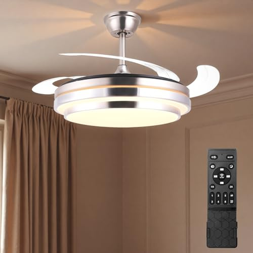 XJADQW Retractable Ceiling Fan with Light, 42 Fandelier with Remote Control, 6 Speeds Reversible Quiet DC Motor, Dimmable 3-Color LED Modern Ceiling Light Fan for Kitchen, Bedroom & Living Room