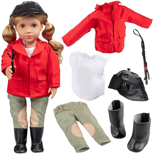 Dress Along Dolly 6pc Horseback Riding Outfit - 18 Doll Clothes & Accessories Compatible w American Girl- Equestrian Set Includes Hat, Shirt, Jacket, Pants, Boots, & Crop - Gift Set for Girls