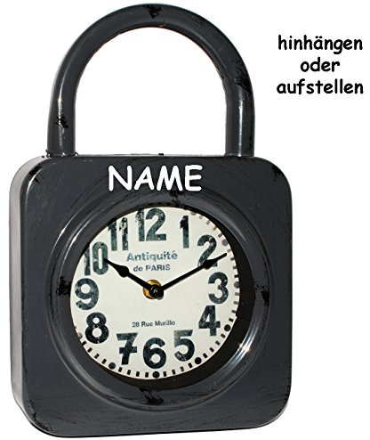 alles-meine.de GmbH 2 in 1: Wanduhr/Standuhr - Vorhängeschloss - GRAU - incl. Name - aus Metall / 30 cm groß - schleichendes Uhrwerk ! - Uhr - Analog - Tischuhr - Retro & N..