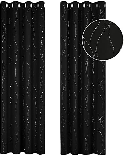 Deconovo Ösenvorhänge für Raum Verdunkeln Dicke Thermogardine Kälteschutz warm Hitzeschutz, Blickdichte Gardinen, Sonnenschutz Vorhang für Wohnzimmer, 214x132 cm(HöhexBreite), Schwarz, 2er Set