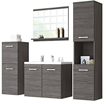 Mirjan24 Badmöbel Set Maja mit Waschbecken und Siphon, Modernes Badezimmer, Komplett, Spiegel, Waschtisch, Hochschrank, Hängeschrank Möbel (Bodega.)