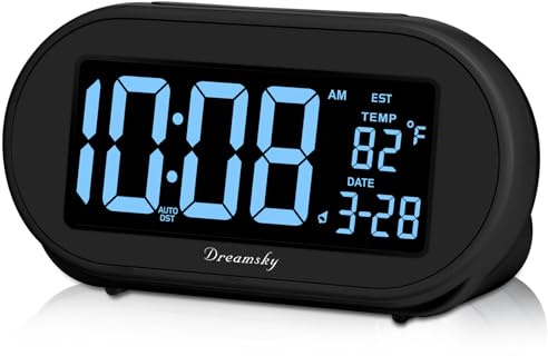 DreamSky Alarm Clocks for Bedrooms, Auto Set Digital Desk Clock for Bedside Nightstand, Electric Clock with Dimmable Brightness Dimmer, Auto DST, USB Port, Date, Temperature, Snooze