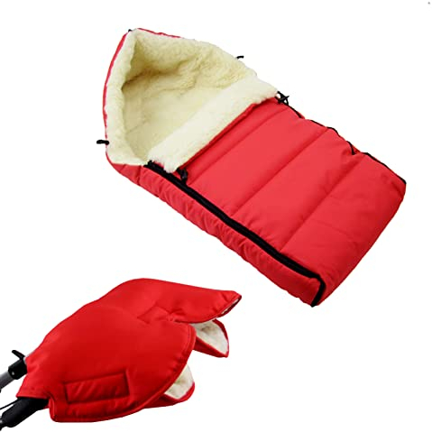 BAMBINIWELT KOMBI-ANGEBOT Muff + Winterfußsack 90 cm – aus Lammwolle, warm & wasserabweisend – für Babyschale, Kinderwagen & Buggy – WOLLE – LINIERT – universell & waschbar (rot)