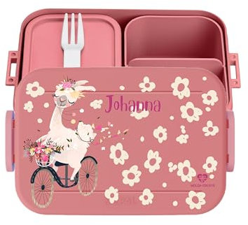 wolga-kreativ personalisierte Mepal Brotdose Knder mit Fächern mit Lama Fahrrad Motiv, Jausenbox Mädchen Kindergarten, Lunchbox Schule Geschenk Einschulung