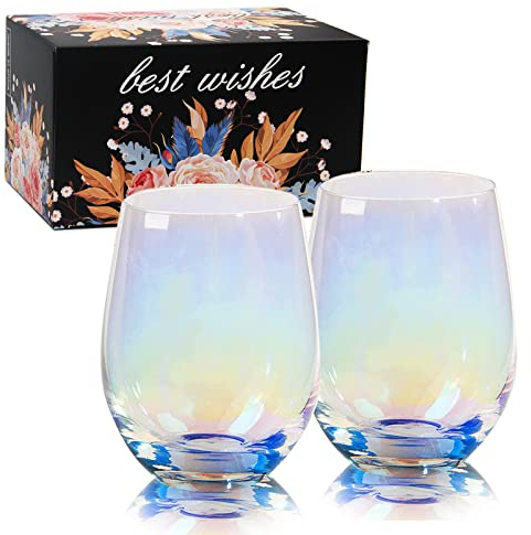 Weinglas ohne Stiel, Weingläser, Regenbogengläser, großes Rotweinglas oder Weißweinglas 2er Set, schillernde Gläser, Geschenk für Mama Geburtstag, Frauen, Sie, Schwester, Tochter, Freunde, Kollegen
