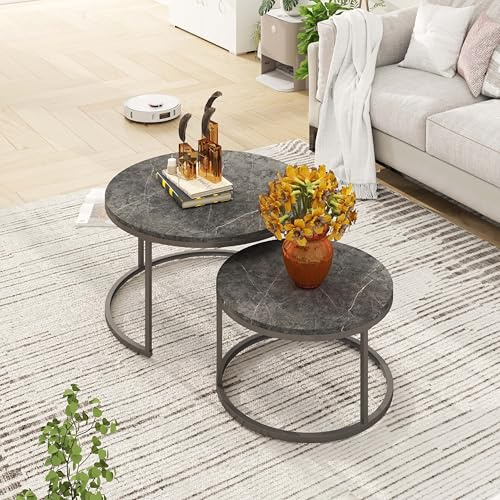 hitsuki Couchtisch Rund 2er Set, Marmor Couchtisch Grau Metallgestell Wohnzimmertisch Grau, Beistelltisch Metall，Satztische fürs Wohnzimmer, Schlafzimmer, Balkon (Schwarz & Schwarz)